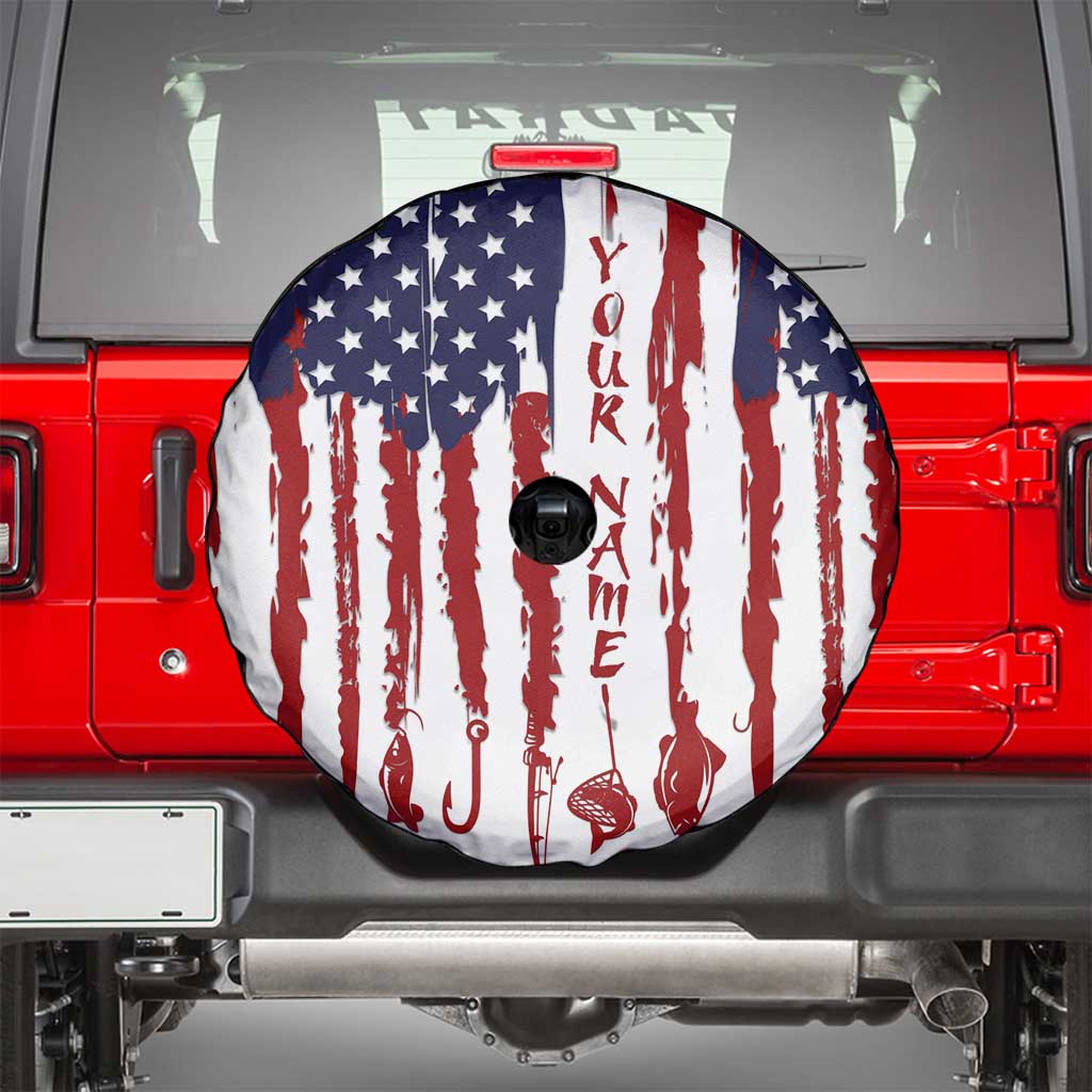 American Flag Fishing Spare Tire Cover Lure and Hook Elements and Custom Name Print - Wonder Print Shop