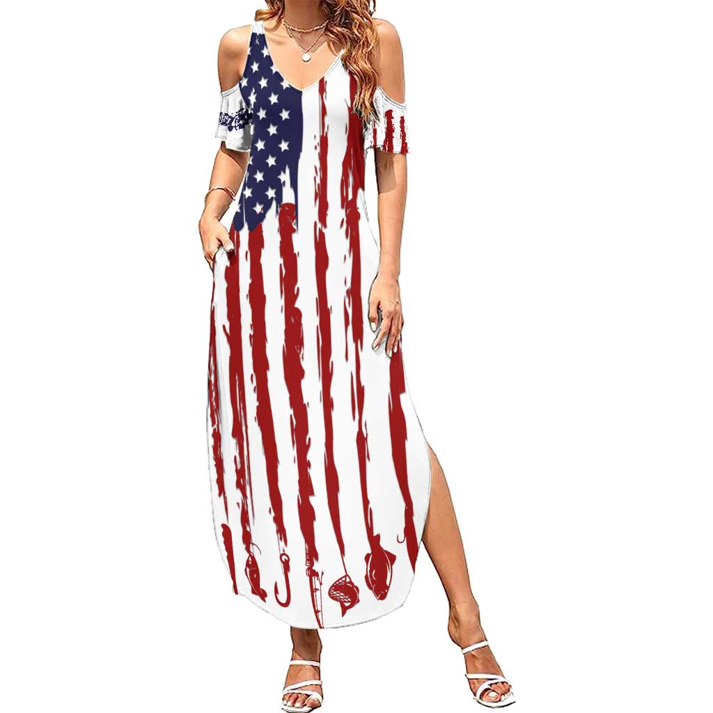 American Flag Fishing Summer Maxi Dress Lure and Hook Elements and Custom Name Print - Wonder Print Shop