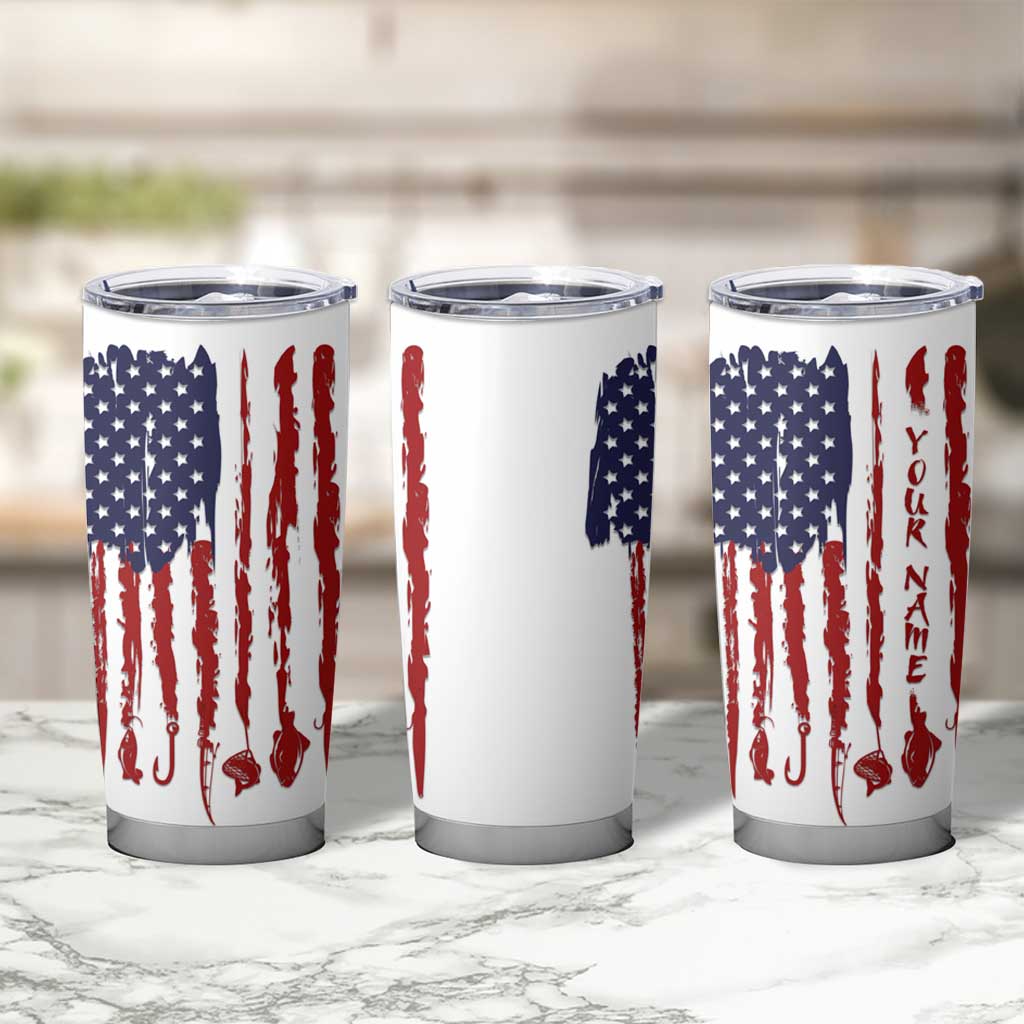 American Flag Fishing Tumbler Cup Lure and Hook Elements and Custom Name Print - Wonder Print Shop