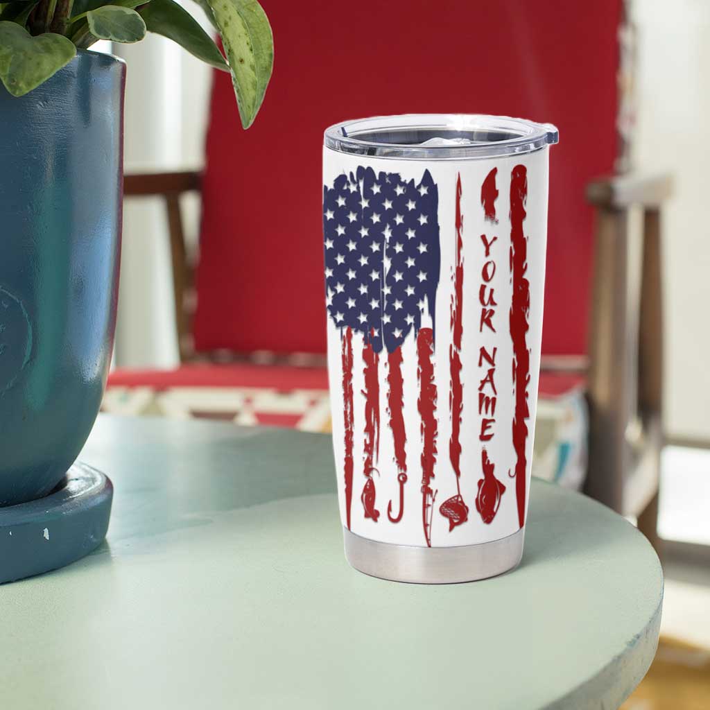 American Flag Fishing Tumbler Cup Lure and Hook Elements and Custom Name Print - Wonder Print Shop