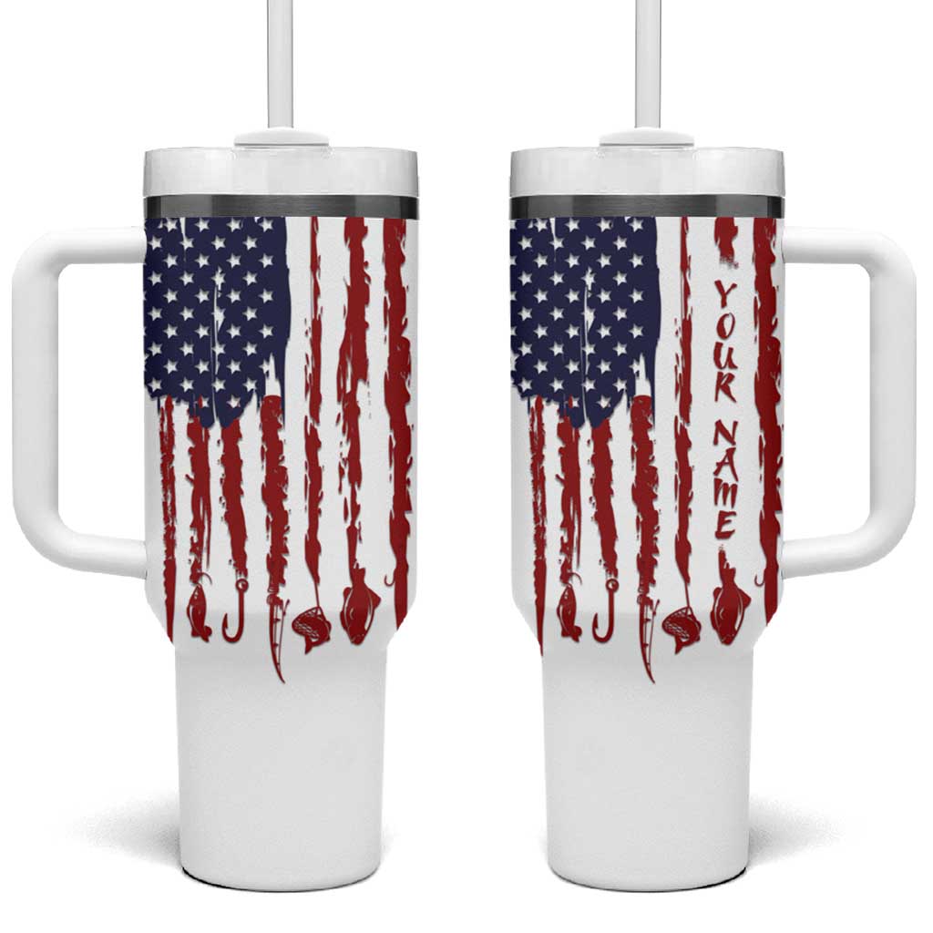 American Flag Fishing Tumbler With Handle Lure and Hook Elements and Custom Name Print - Wonder Print Shop