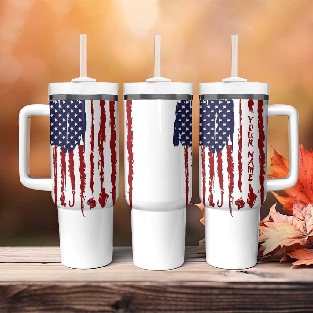 American Flag Fishing Tumbler With Handle Lure and Hook Elements and Custom Name Print - Wonder Print Shop