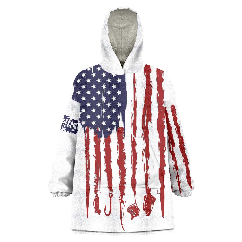 American Flag Fishing Wearable Blanket Hoodie Lure and Hook Elements and Custom Name Print - Wonder Print Shop