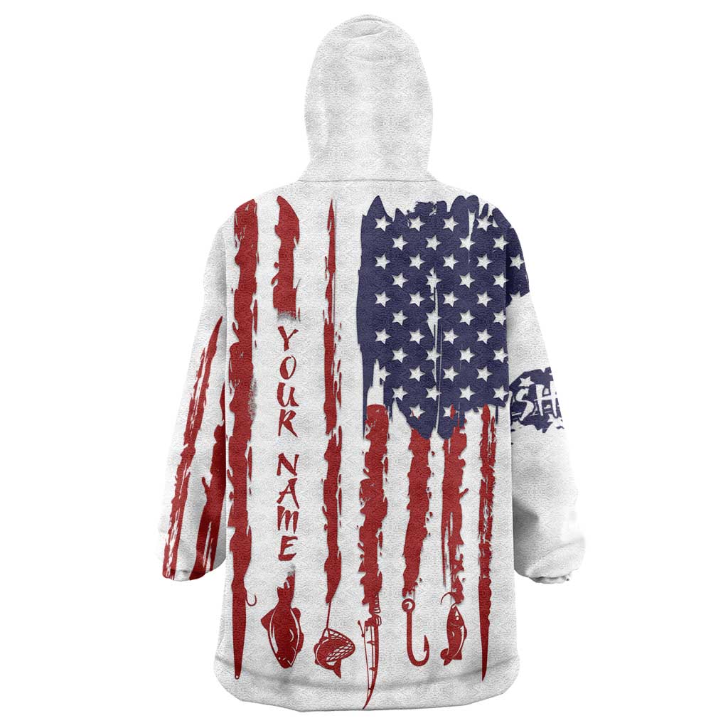 American Flag Fishing Wearable Blanket Hoodie Lure and Hook Elements and Custom Name Print - Wonder Print Shop