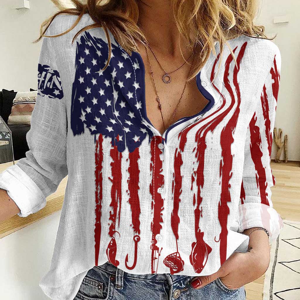 American Flag Fishing Women Casual Shirt Lure and Hook Elements and Custom Name Print - Wonder Print Shop