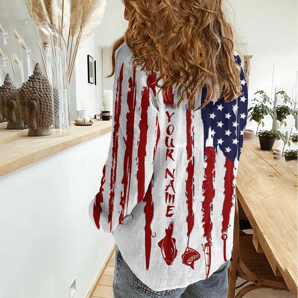 American Flag Fishing Women Casual Shirt Lure and Hook Elements and Custom Name Print - Wonder Print Shop