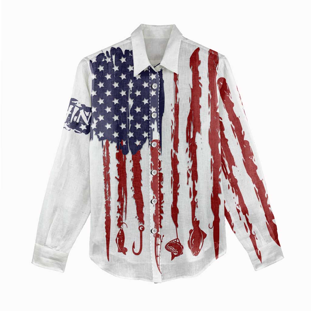 American Flag Fishing Women Casual Shirt Lure and Hook Elements and Custom Name Print - Wonder Print Shop