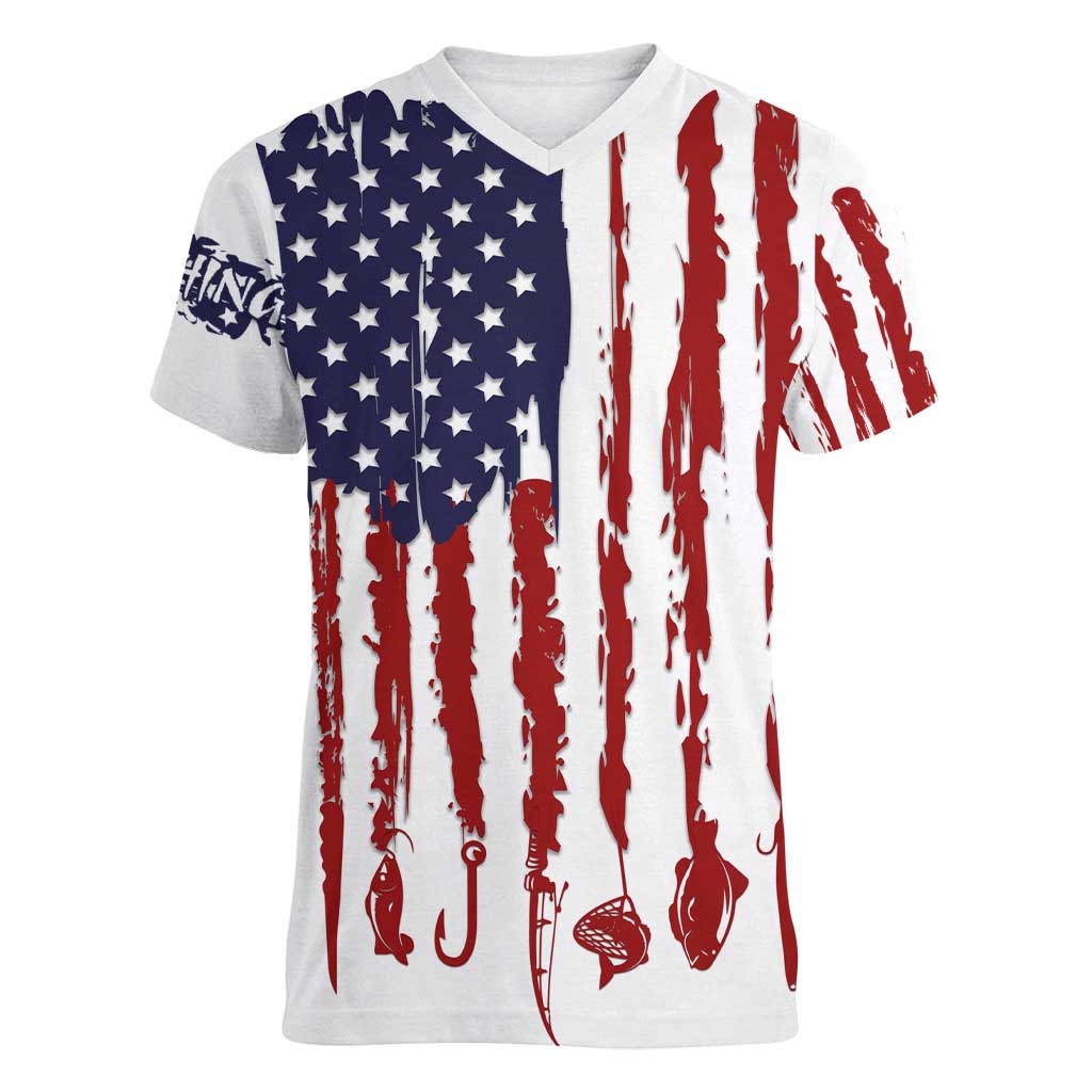 American Flag Fishing Women V-Neck T-Shirt Lure and Hook Elements and Custom Name Print - Wonder Print Shop