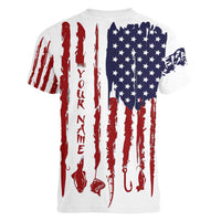 American Flag Fishing Women V-Neck T-Shirt Lure and Hook Elements and Custom Name Print - Wonder Print Shop