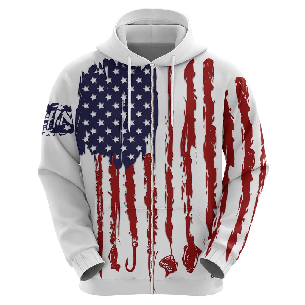 American Flag Fishing Zip Hoodie Lure and Hook Elements and Custom Name Print - Wonder Print Shop