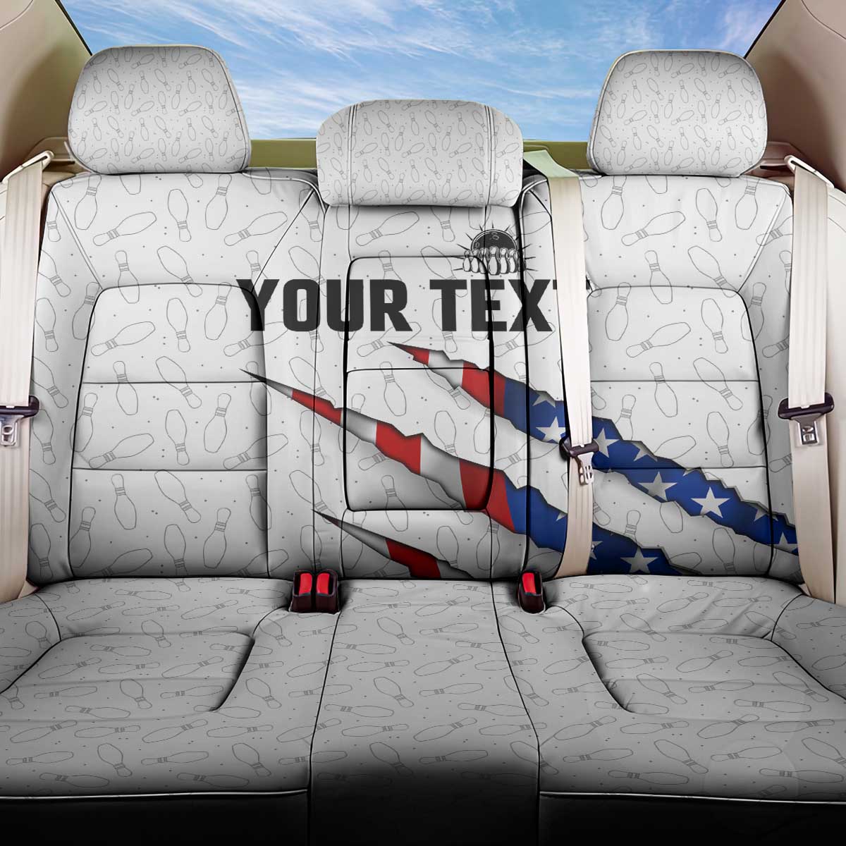 Personalized American Flag Bowling Team Back Car Seat Cover Pins and Ball Torn Stripes and Patterned White - Wonder Print Shop