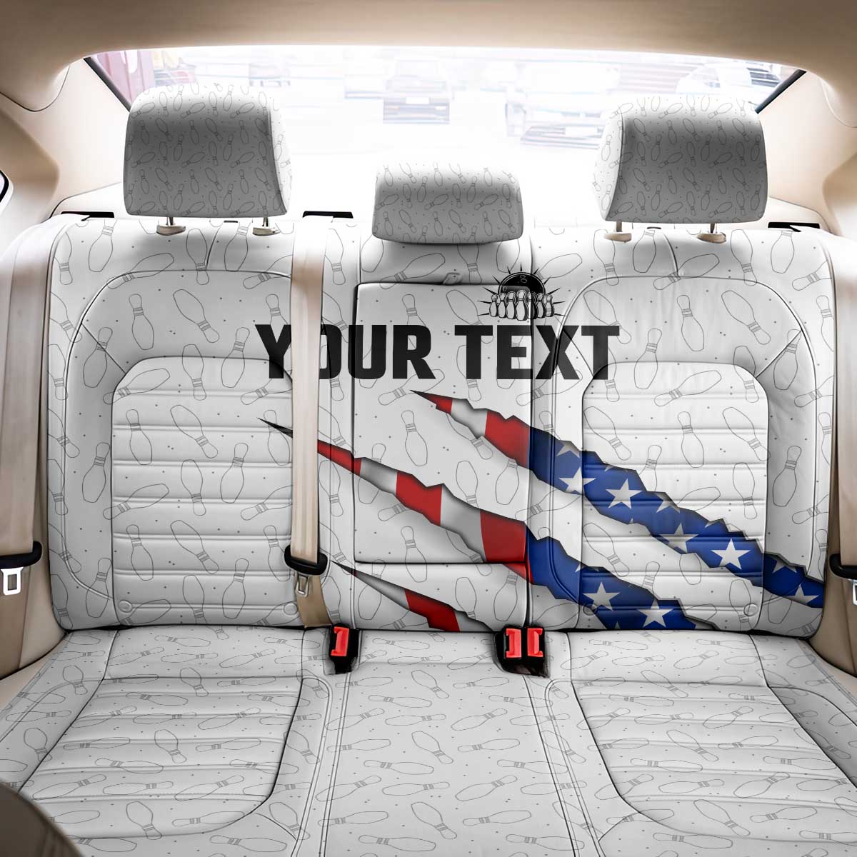 Personalized American Flag Bowling Team Back Car Seat Cover Pins and Ball Torn Stripes and Patterned White - Wonder Print Shop