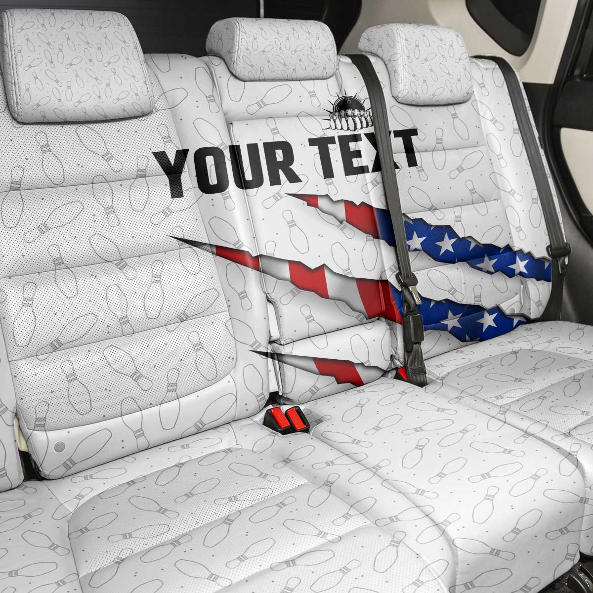 Personalized American Flag Bowling Team Back Car Seat Cover Pins and Ball Torn Stripes and Patterned White - Wonder Print Shop