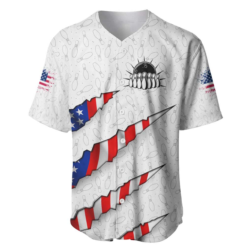 Personalized American Flag Bowling Team Baseball Jersey Pins and Ball Torn Stripes and Patterned White - Wonder Print Shop