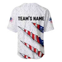 Personalized American Flag Bowling Team Baseball Jersey Pins and Ball Torn Stripes and Patterned White - Wonder Print Shop