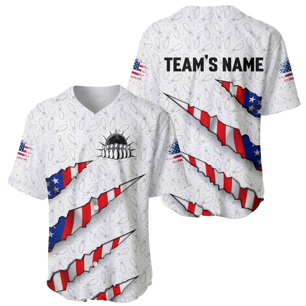 Personalized American Flag Bowling Team Baseball Jersey Pins and Ball Torn Stripes and Patterned White - Wonder Print Shop