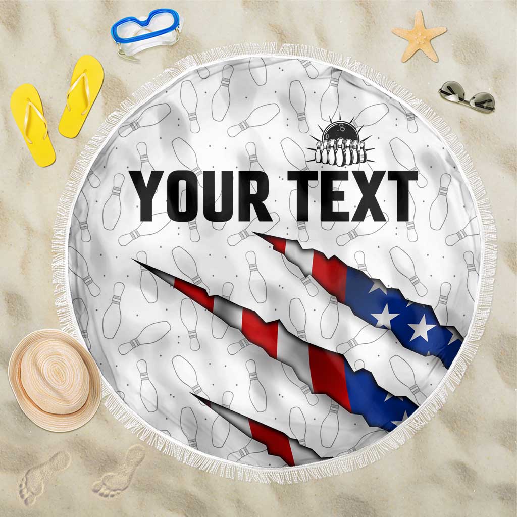 Personalized American Flag Bowling Team Beach Blanket Pins and Ball Torn Stripes and Patterned White - Wonder Print Shop