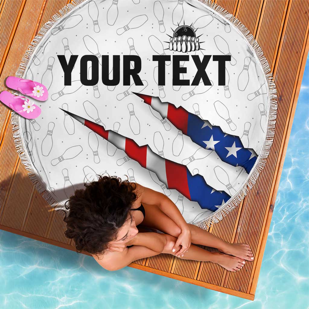 Personalized American Flag Bowling Team Beach Blanket Pins and Ball Torn Stripes and Patterned White - Wonder Print Shop