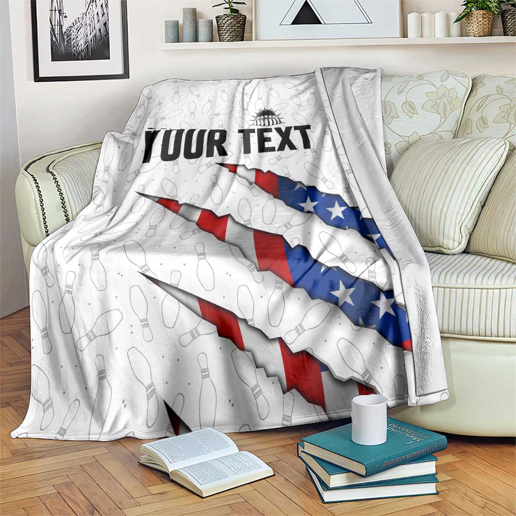 Personalized American Flag Bowling Team Blanket Pins and Ball Torn Stripes and Patterned White - Wonder Print Shop