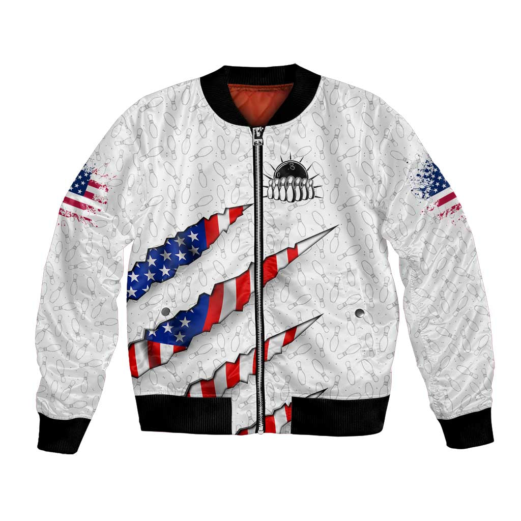 Personalized American Flag Bowling Team Bomber Jacket Pins and Ball Torn Stripes and Patterned White - Wonder Print Shop
