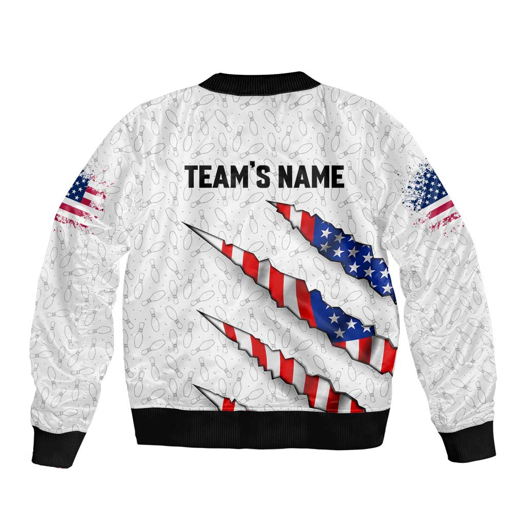 Personalized American Flag Bowling Team Bomber Jacket Pins and Ball Torn Stripes and Patterned White - Wonder Print Shop