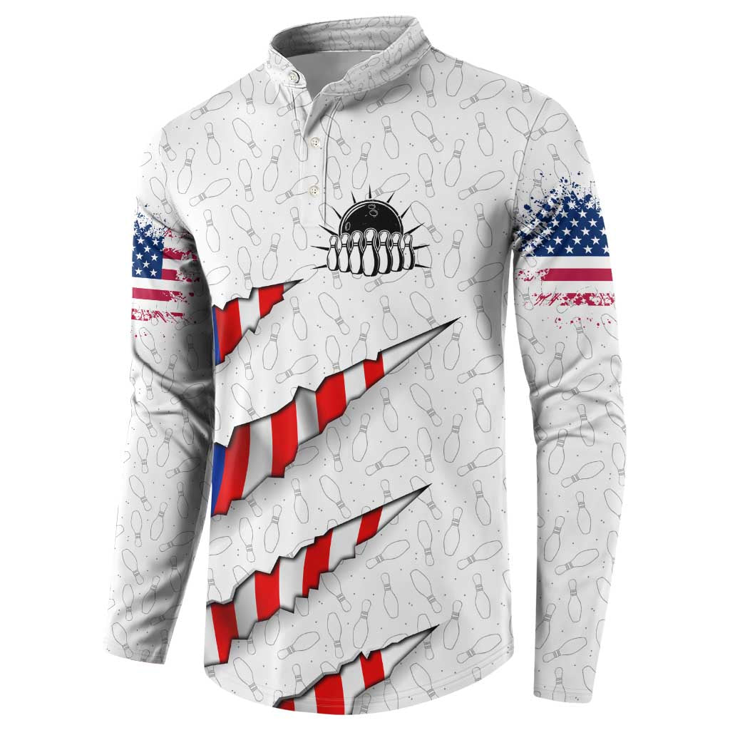 Personalized American Flag Bowling Team Button Sweatshirt Pins and Ball Torn Stripes and Patterned White - Wonder Print Shop