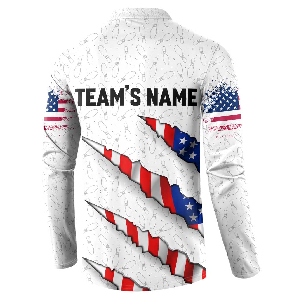 Personalized American Flag Bowling Team Button Sweatshirt Pins and Ball Torn Stripes and Patterned White - Wonder Print Shop