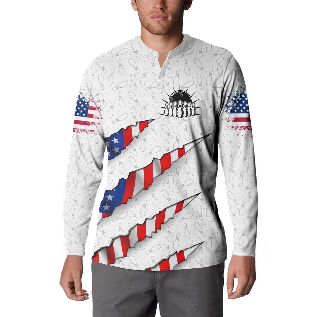 Personalized American Flag Bowling Team Button Sweatshirt Pins and Ball Torn Stripes and Patterned White - Wonder Print Shop