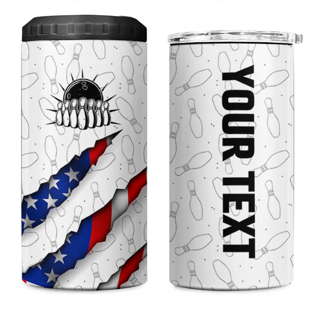Personalized American Flag Bowling Team 4 in 1 Can Cooler Tumbler Pins and Ball Torn Stripes and Patterned White - Wonder Print Shop