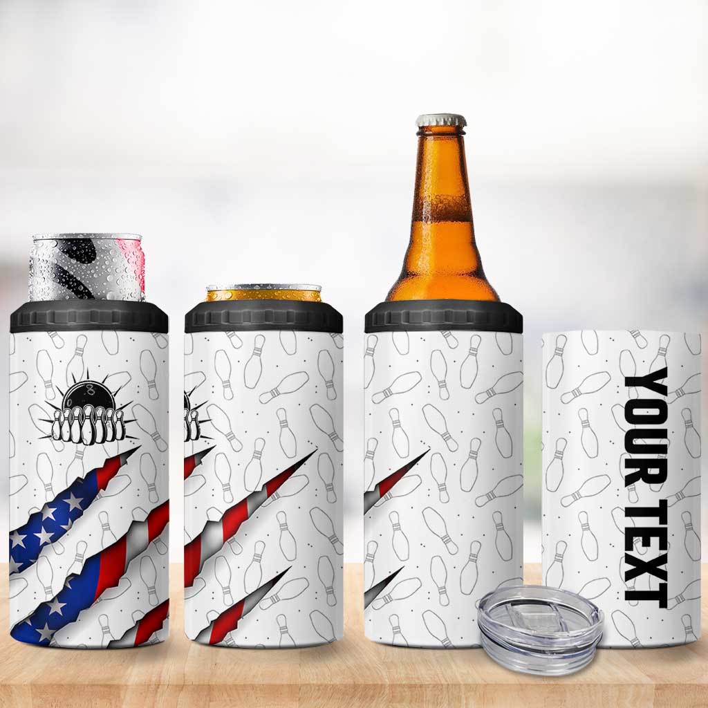 Personalized American Flag Bowling Team 4 in 1 Can Cooler Tumbler Pins and Ball Torn Stripes and Patterned White - Wonder Print Shop