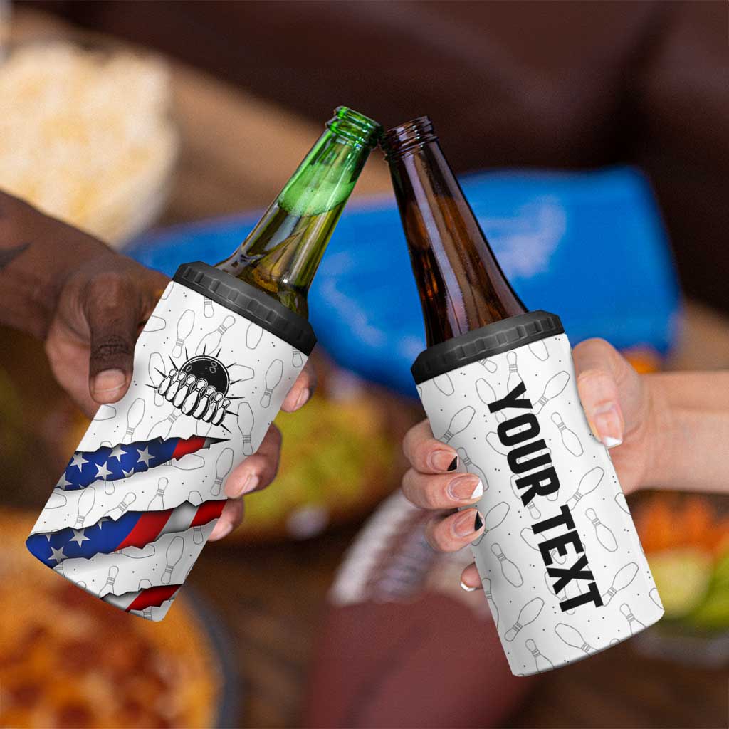 Personalized American Flag Bowling Team 4 in 1 Can Cooler Tumbler Pins and Ball Torn Stripes and Patterned White - Wonder Print Shop