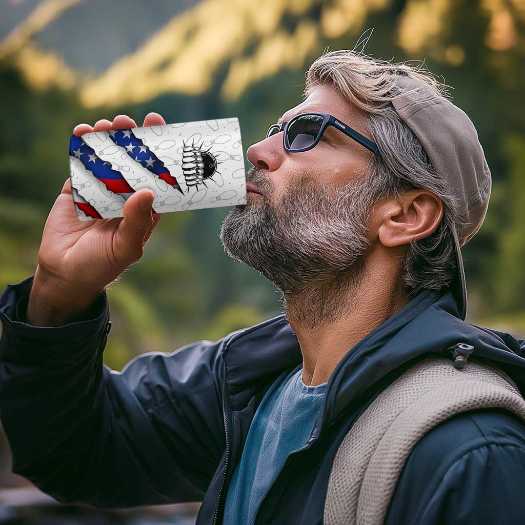 Personalized American Flag Bowling Team 4 in 1 Can Cooler Tumbler Pins and Ball Torn Stripes and Patterned White - Wonder Print Shop