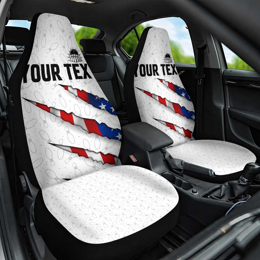 Personalized American Flag Bowling Team Car Seat Cover Pins and Ball Torn Stripes and Patterned White - Wonder Print Shop