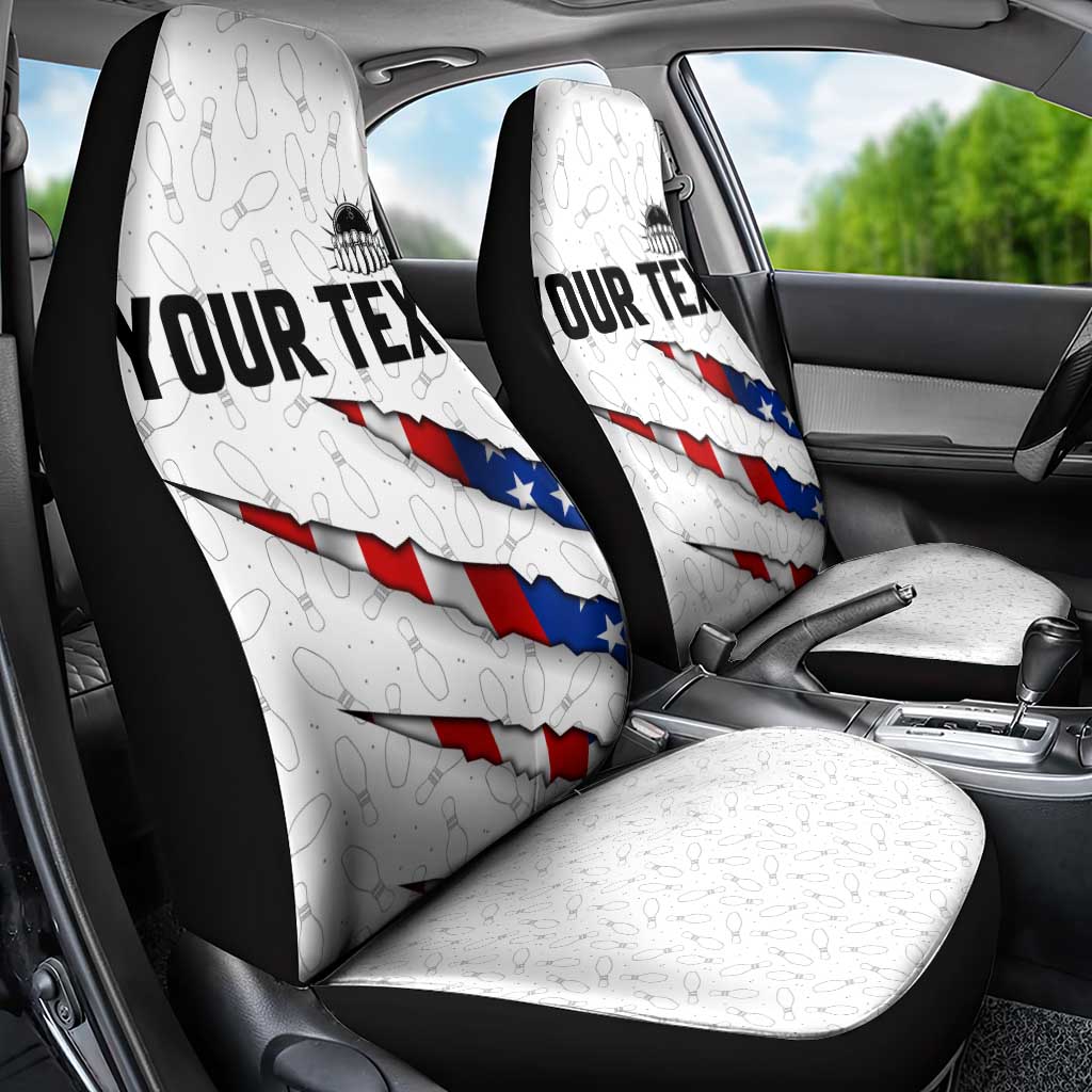 Personalized American Flag Bowling Team Car Seat Cover Pins and Ball Torn Stripes and Patterned White - Wonder Print Shop