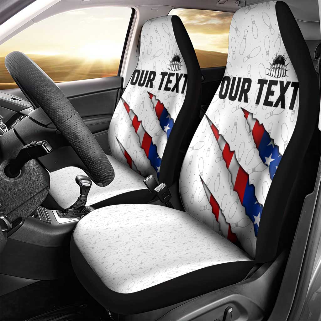 Personalized American Flag Bowling Team Car Seat Cover Pins and Ball Torn Stripes and Patterned White - Wonder Print Shop