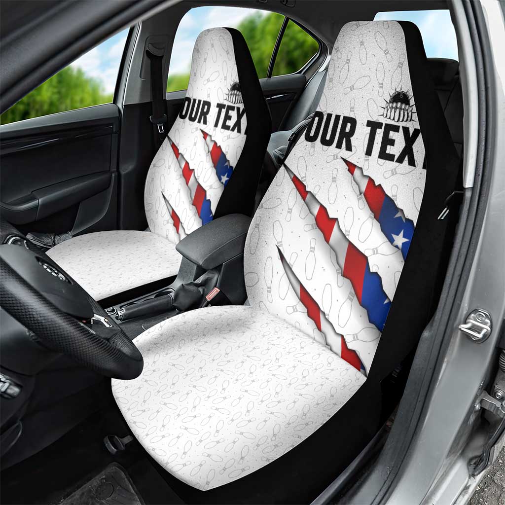 Personalized American Flag Bowling Team Car Seat Cover Pins and Ball Torn Stripes and Patterned White - Wonder Print Shop