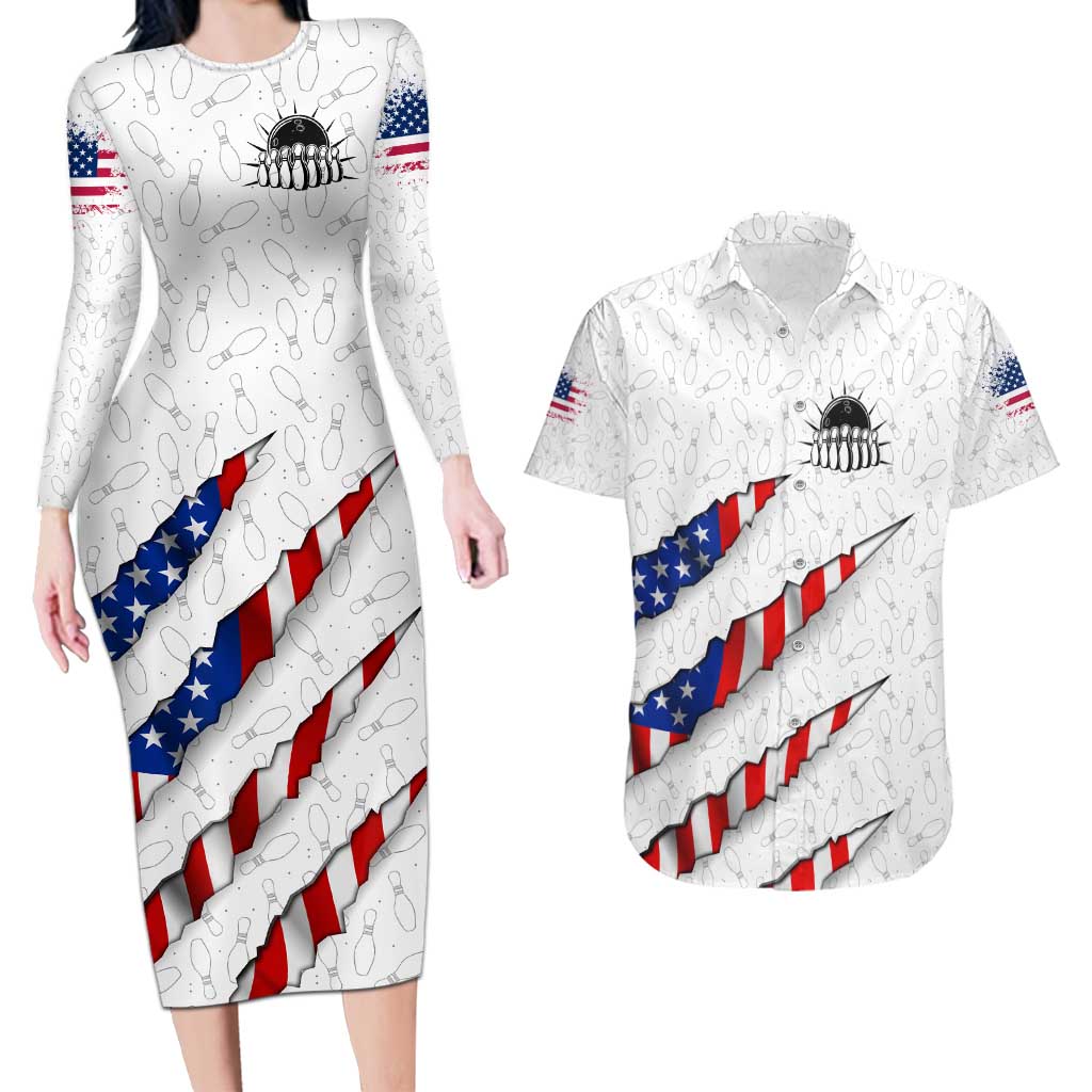 Personalized American Flag Bowling Team Couples Matching Long Sleeve Bodycon Dress and Hawaiian Shirt Pins and Ball Torn Stripes and Patterned White - Wonder Print Shop