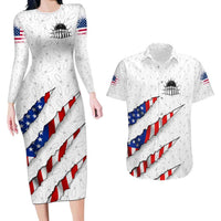 Personalized American Flag Bowling Team Couples Matching Long Sleeve Bodycon Dress and Hawaiian Shirt Pins and Ball Torn Stripes and Patterned White - Wonder Print Shop