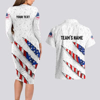 Personalized American Flag Bowling Team Couples Matching Long Sleeve Bodycon Dress and Hawaiian Shirt Pins and Ball Torn Stripes and Patterned White - Wonder Print Shop