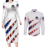 Personalized American Flag Bowling Team Couples Matching Long Sleeve Bodycon Dress and Long Sleeve Button Shirt Pins and Ball Torn Stripes and Patterned White - Wonder Print Shop