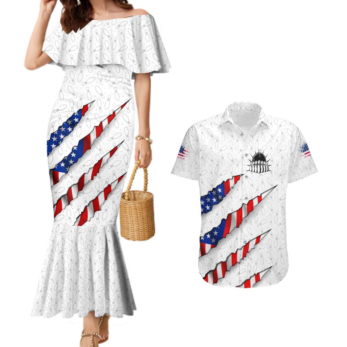 Personalized American Flag Bowling Team Couples Matching Mermaid Dress and Hawaiian Shirt Pins and Ball Torn Stripes and Patterned White - Wonder Print Shop