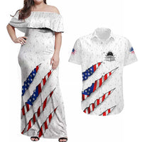 Personalized American Flag Bowling Team Couples Matching Off Shoulder Maxi Dress and Hawaiian Shirt Pins and Ball Torn Stripes and Patterned White - Wonder Print Shop