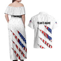 Personalized American Flag Bowling Team Couples Matching Off Shoulder Maxi Dress and Hawaiian Shirt Pins and Ball Torn Stripes and Patterned White - Wonder Print Shop