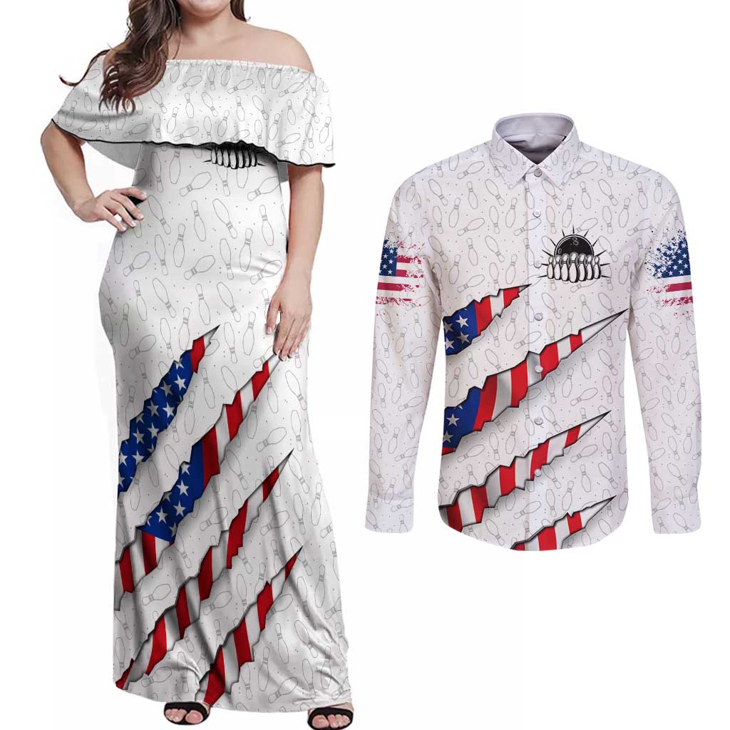 Personalized American Flag Bowling Team Couples Matching Off Shoulder Maxi Dress and Long Sleeve Button Shirt Pins and Ball Torn Stripes and Patterned White - Wonder Print Shop