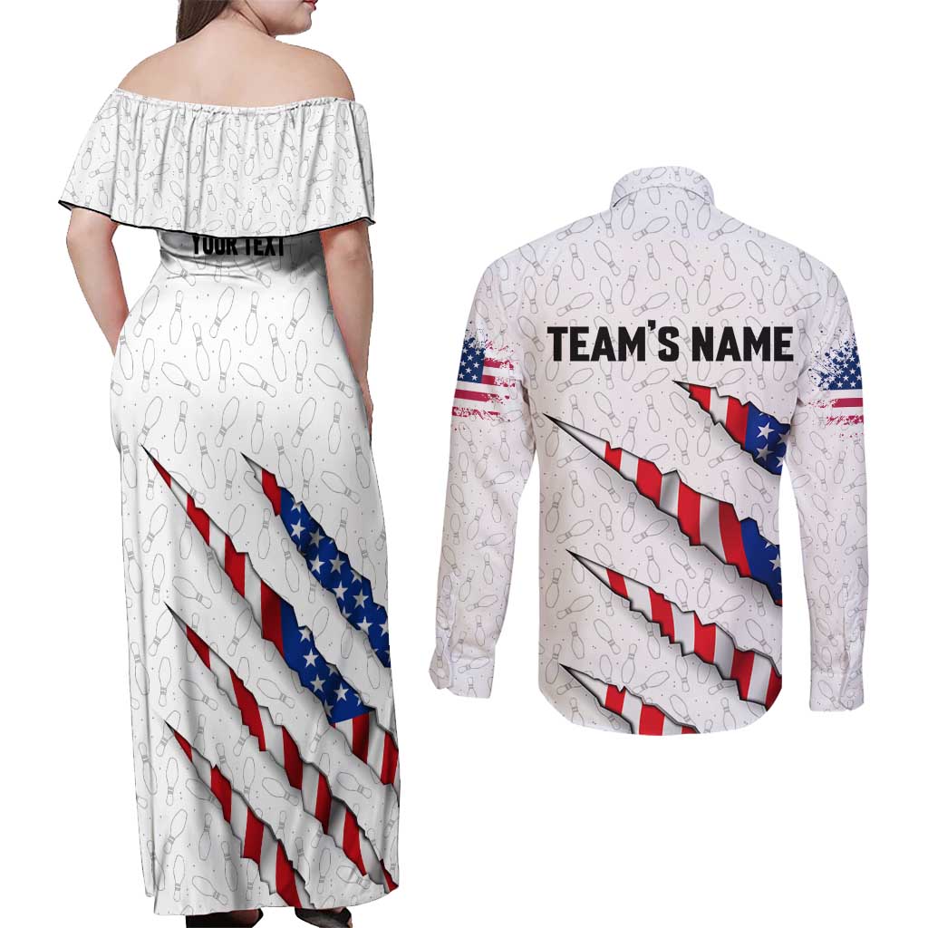 Personalized American Flag Bowling Team Couples Matching Off Shoulder Maxi Dress and Long Sleeve Button Shirt Pins and Ball Torn Stripes and Patterned White - Wonder Print Shop
