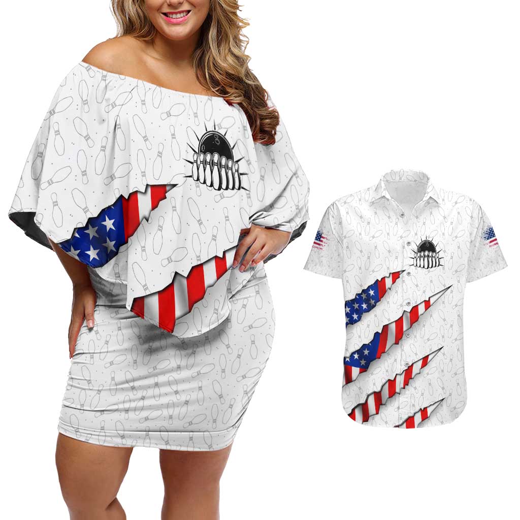 Personalized American Flag Bowling Team Couples Matching Off Shoulder Short Dress and Hawaiian Shirt Pins and Ball Torn Stripes and Patterned White - Wonder Print Shop
