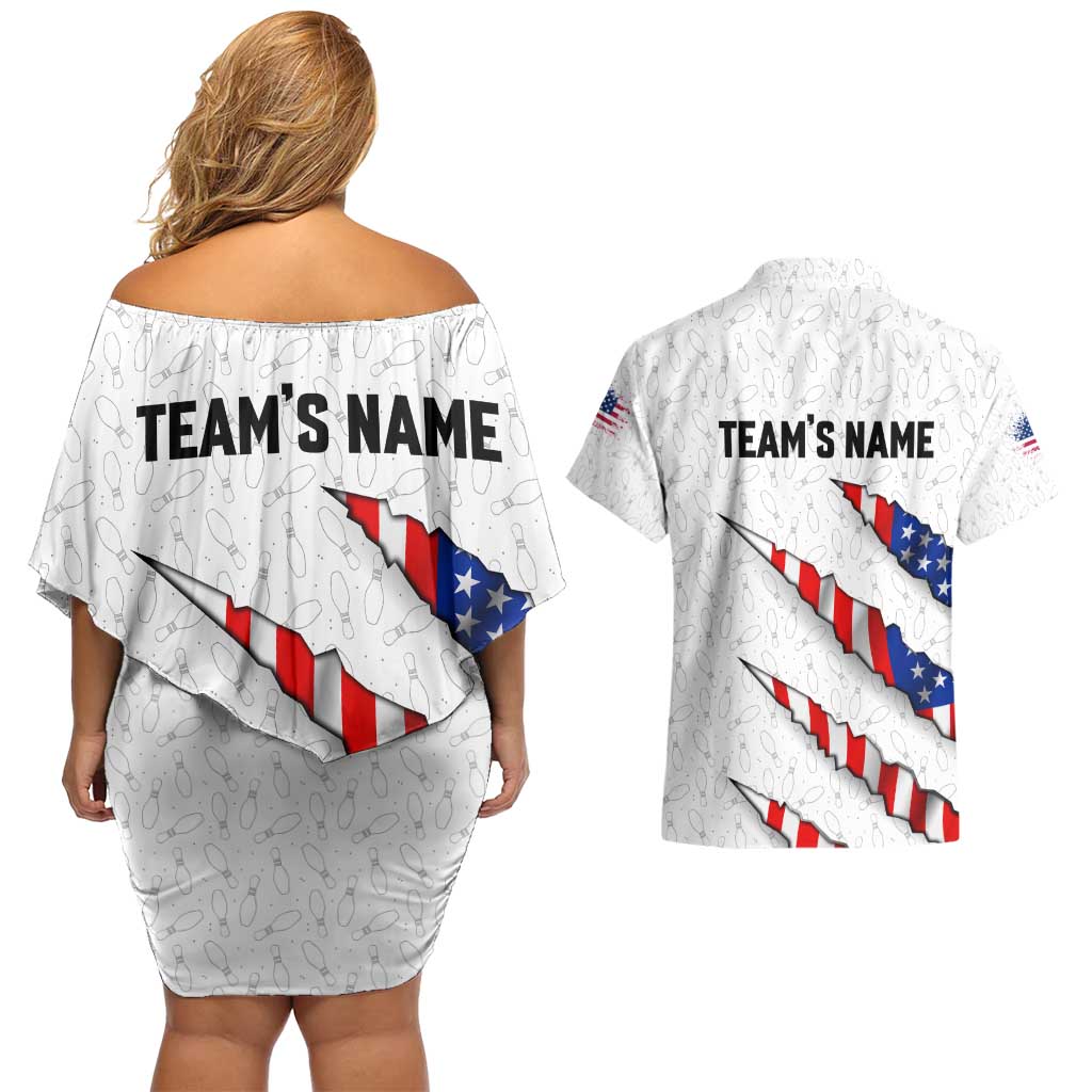 Personalized American Flag Bowling Team Couples Matching Off Shoulder Short Dress and Hawaiian Shirt Pins and Ball Torn Stripes and Patterned White - Wonder Print Shop