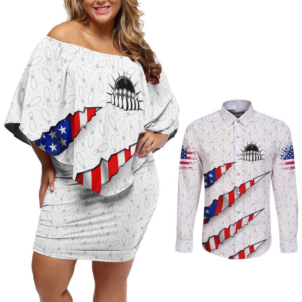 Personalized American Flag Bowling Team Couples Matching Off Shoulder Short Dress and Long Sleeve Button Shirt Pins and Ball Torn Stripes and Patterned White - Wonder Print Shop