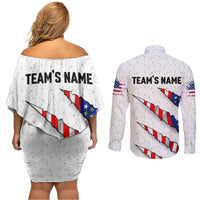 Personalized American Flag Bowling Team Couples Matching Off Shoulder Short Dress and Long Sleeve Button Shirt Pins and Ball Torn Stripes and Patterned White - Wonder Print Shop