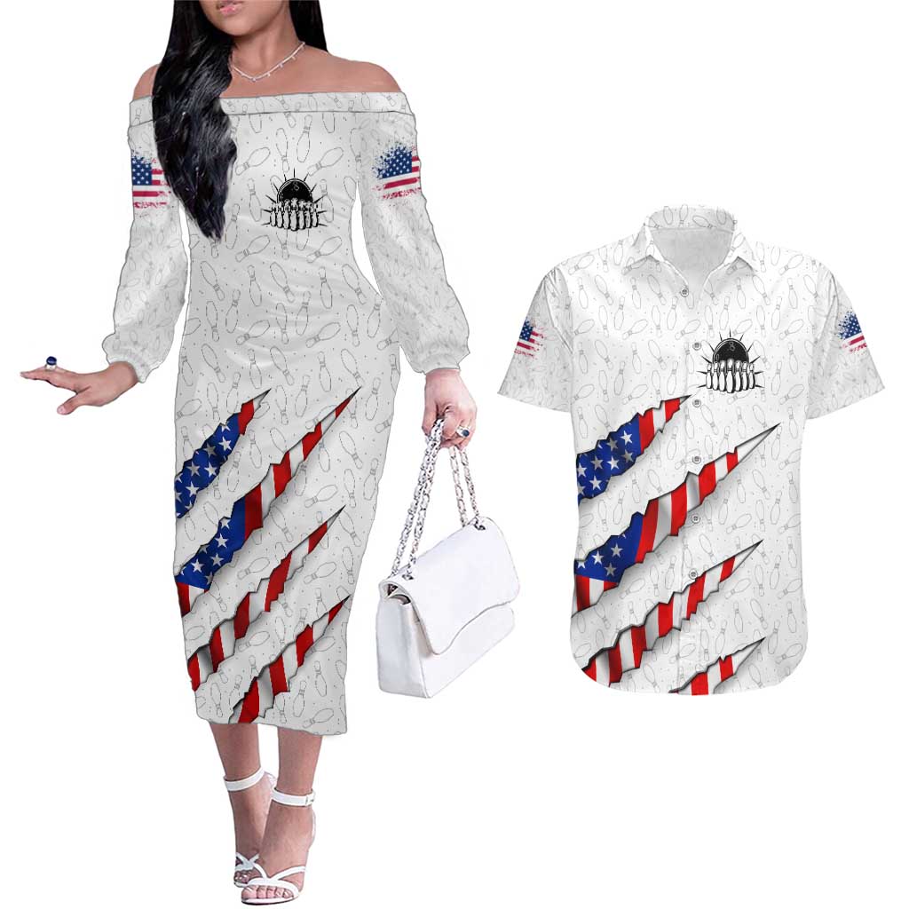 Personalized American Flag Bowling Team Couples Matching Off The Shoulder Long Sleeve Dress and Hawaiian Shirt Pins and Ball Torn Stripes and Patterned White - Wonder Print Shop